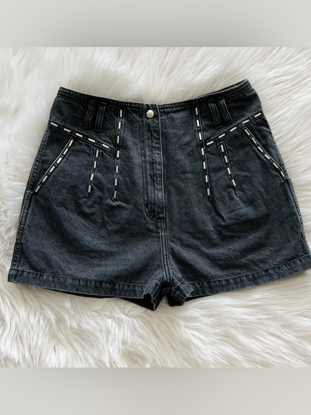 IRO Black Denim High-Waist Shorts with Studded Trim, Size 38